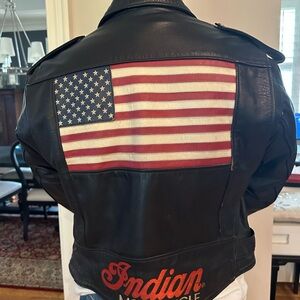 Vintage Indian Motorcycle Leather Biker Jacket USA Flag Back Patch Belted Jacket